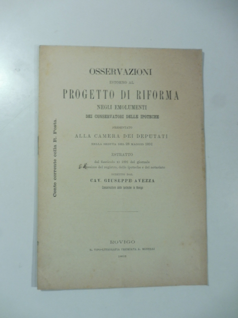 Osservazioni intorno al progetto di riforma negli emolumenti dei conservatori delle ipoteche presentato alla Camera dei Deputati